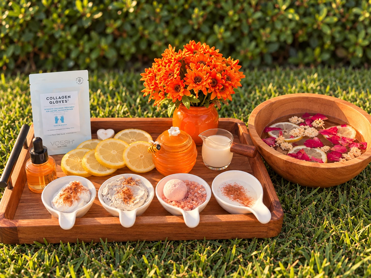 NaBi Manicure set-up with fresh lemon, orange and flowers at NaBi Nail Bar