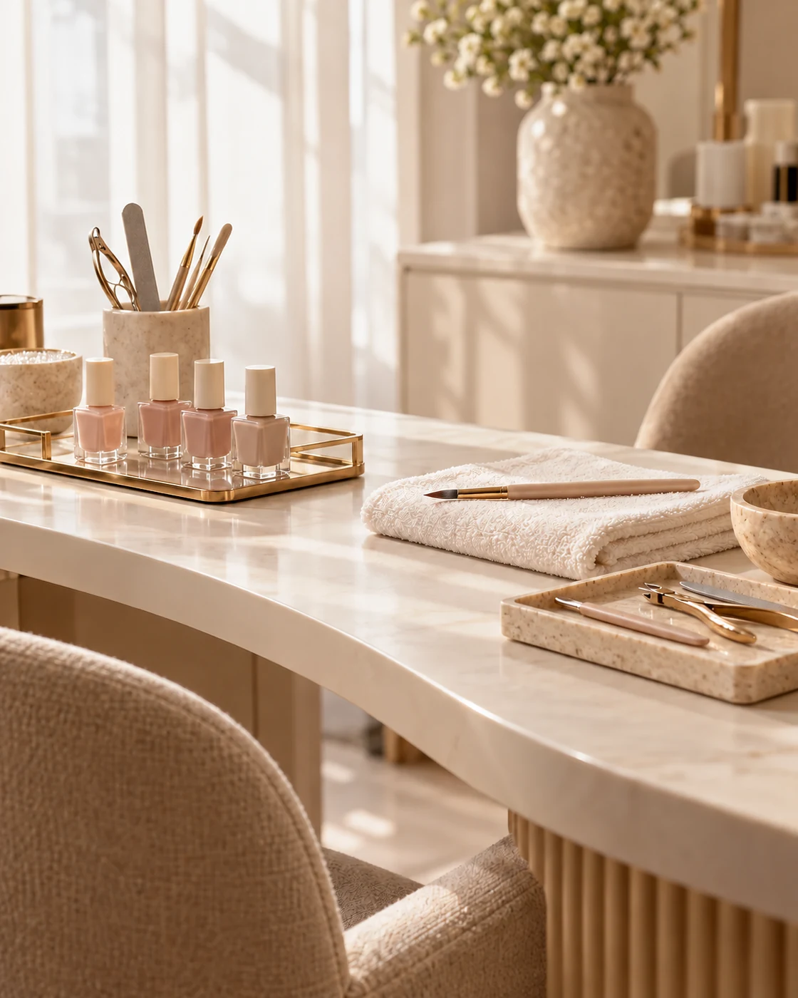 cream manicure station and nail-care tools