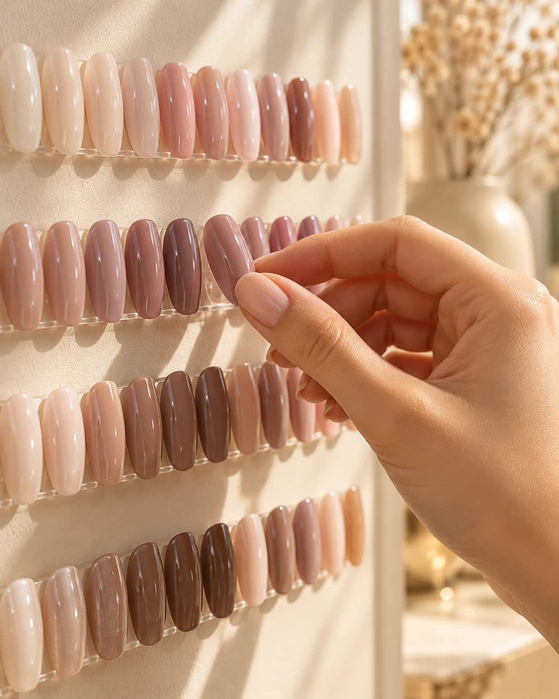Hand choosing a nude mauve gel-polish shade from a color swatch display