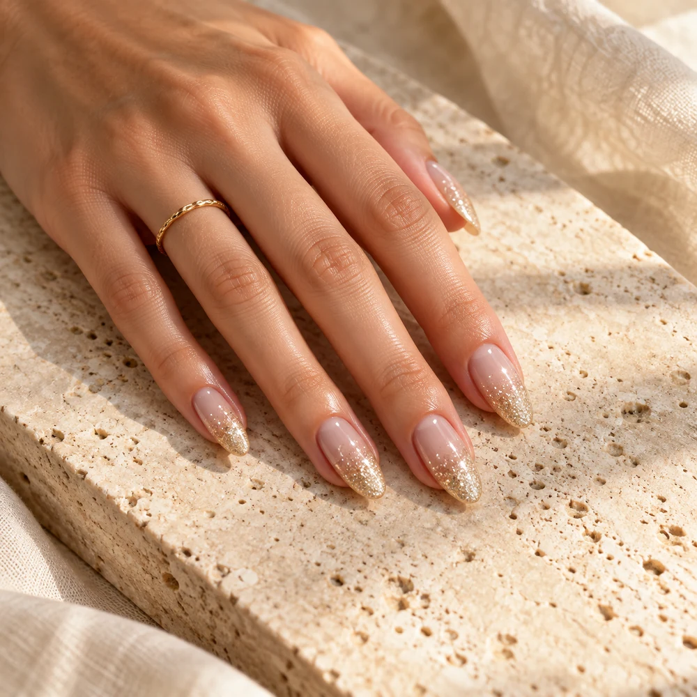 Champagne glitter ombre manicure on pale travertine