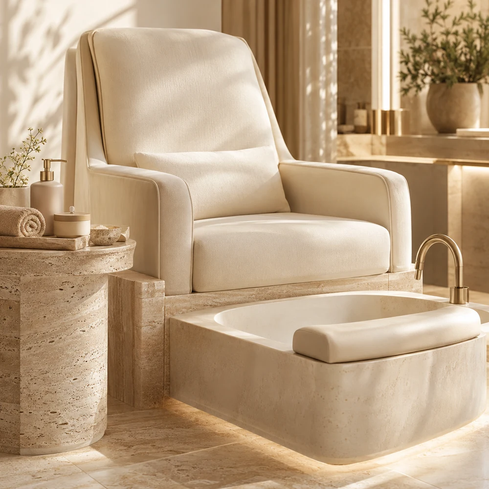 Cream pedicure chair, ivory basin and neutral care products